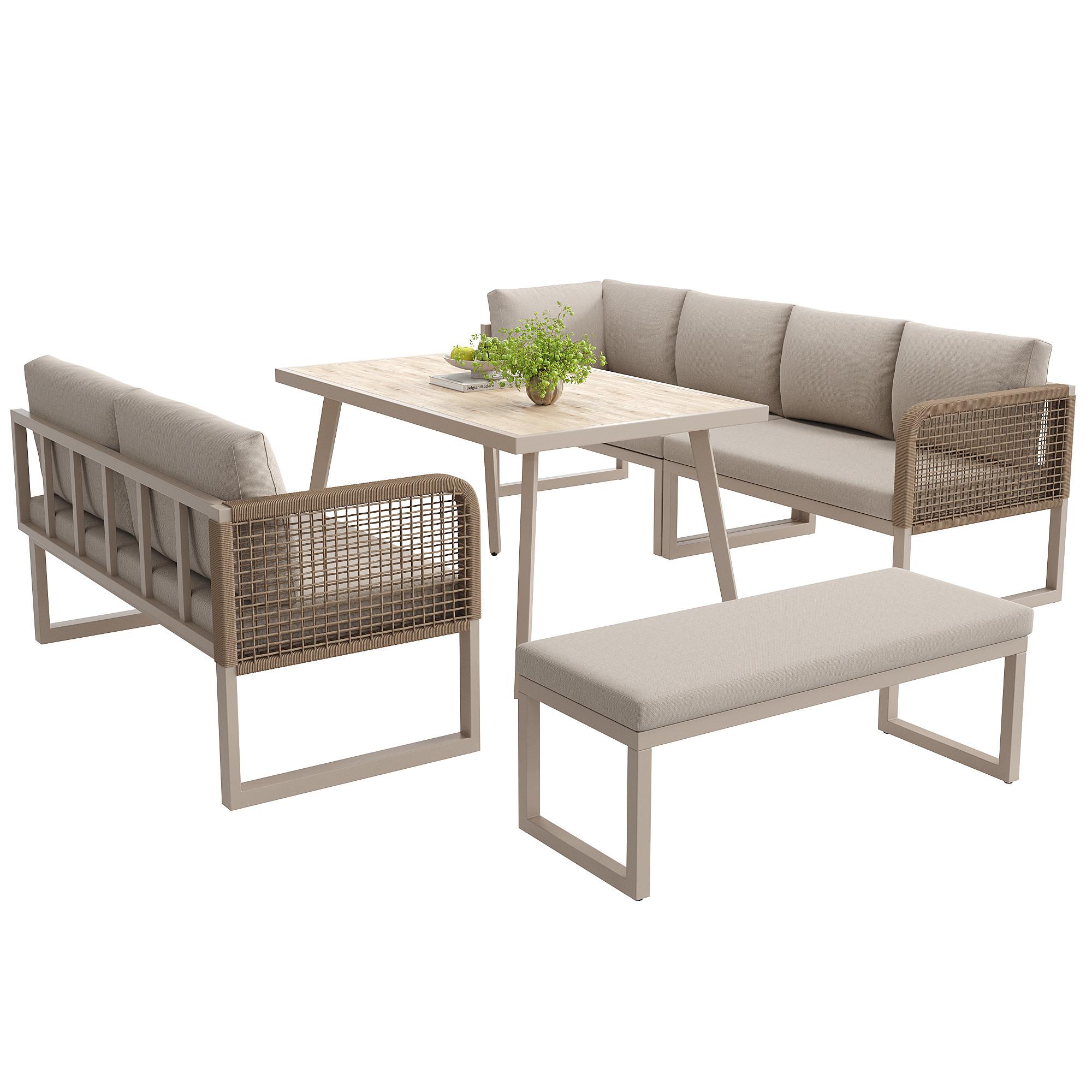 LOUNGEGARNITUR PE-Rattan Beige Ecksofa mit Tisch & Bank - Beige, Metall - Urban Meuble