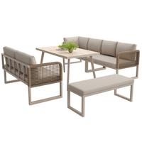 LOUNGEGARNITUR PE-Rattan Beige Ecksofa mit Tisch & Bank - Beige, Metall - Urban Meuble