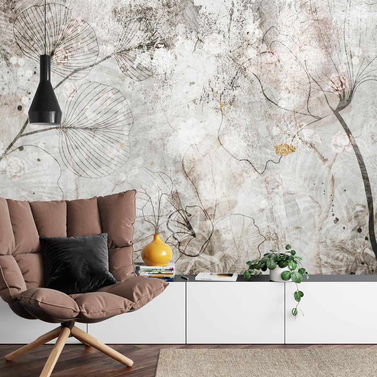 FOTOTAPETE für Wohnzimmer Vintage Blätter Blumen Beton Abstrakt 100x70 - Gelb/Orange, Papier (100/70cm) - Muralo