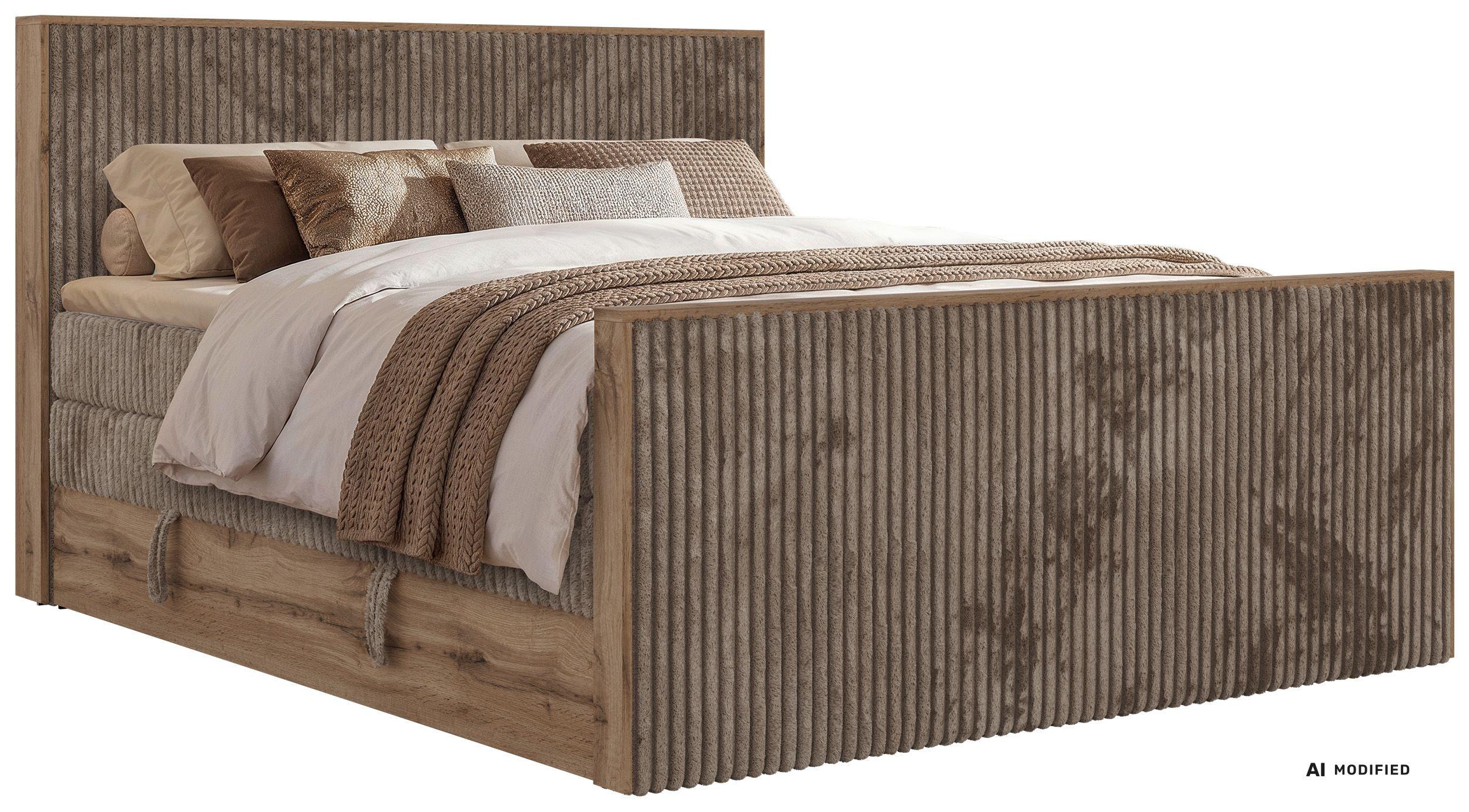 BOXSPRINGBETT WOOD KING DUO 200/200 - Braun Cord - Topper Visco - H3 - Schwarz/Braun, Kunststoff/Textil (200/200cm) - MKS