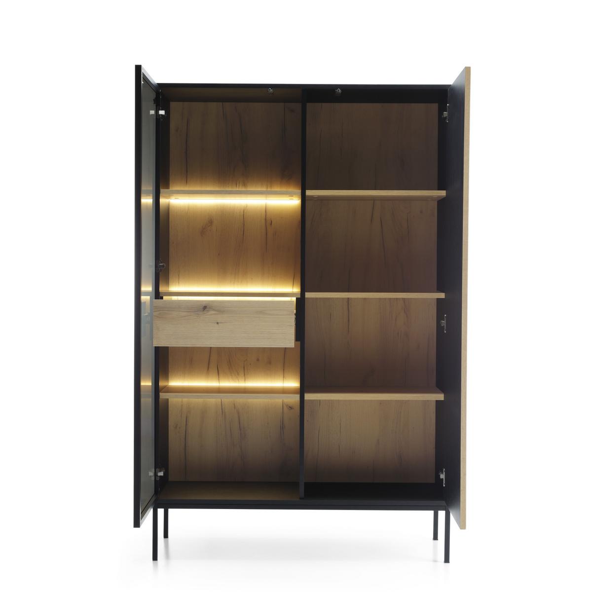 VITRINE SENTIERO 104 / 166 cm mit LED in Schwarz, Eiche Wotan - Schwarz, Holzwerkstoff (104/166/39cm) - MASSENO
