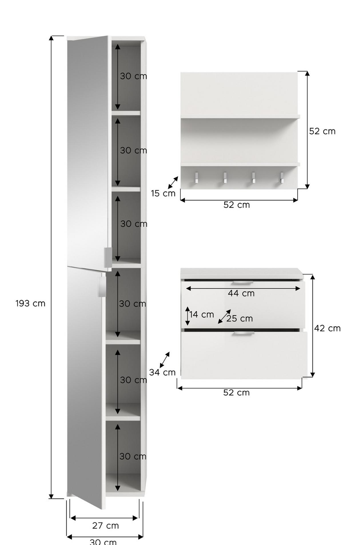 GARDEROBE Set 3-teilig weiß Hochglanz 97 cm, Komplettset mit Spiegel - Chromfarben/Weiß Hochglanz, Glas/Holzwerkstoff (97/193/34cm) - Inn.Furn