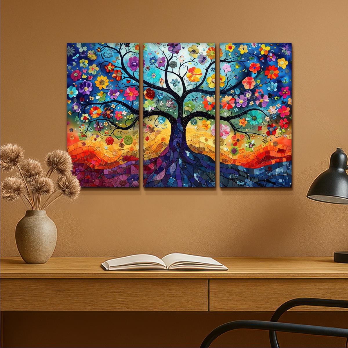 LEINWANDBILD 3er Set Bunt - Baum des Lebens - Blumen - Abstrakt 90x60 cm - Blau, Textil (90/60cm) - MuchoWow