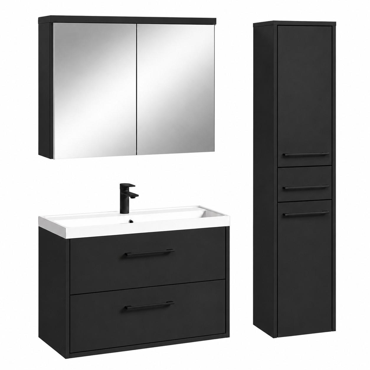 BADMÖBEL-SET Florence 3 Teile Matt Schwarz - 80 x 35 x 51 cm - Schwarz, Holz (80/51/35cm) - Badplaats