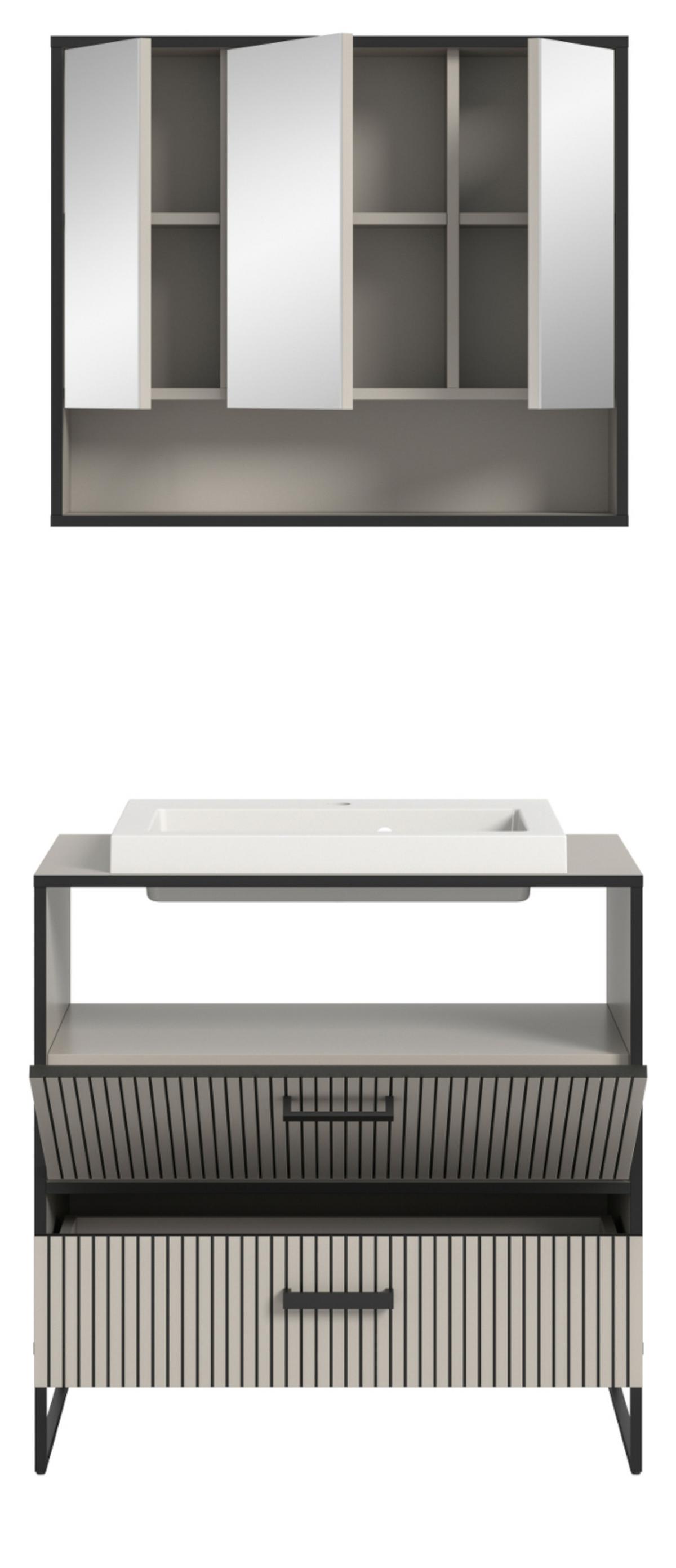 BADMÖBEL-SET schwarz, sand mit Waschbecken 80 cm, Kombination mit Soft-Close - Sandfarben/Schwarz, Glas/Keramik (80/192/48cm) - Inn.Furn