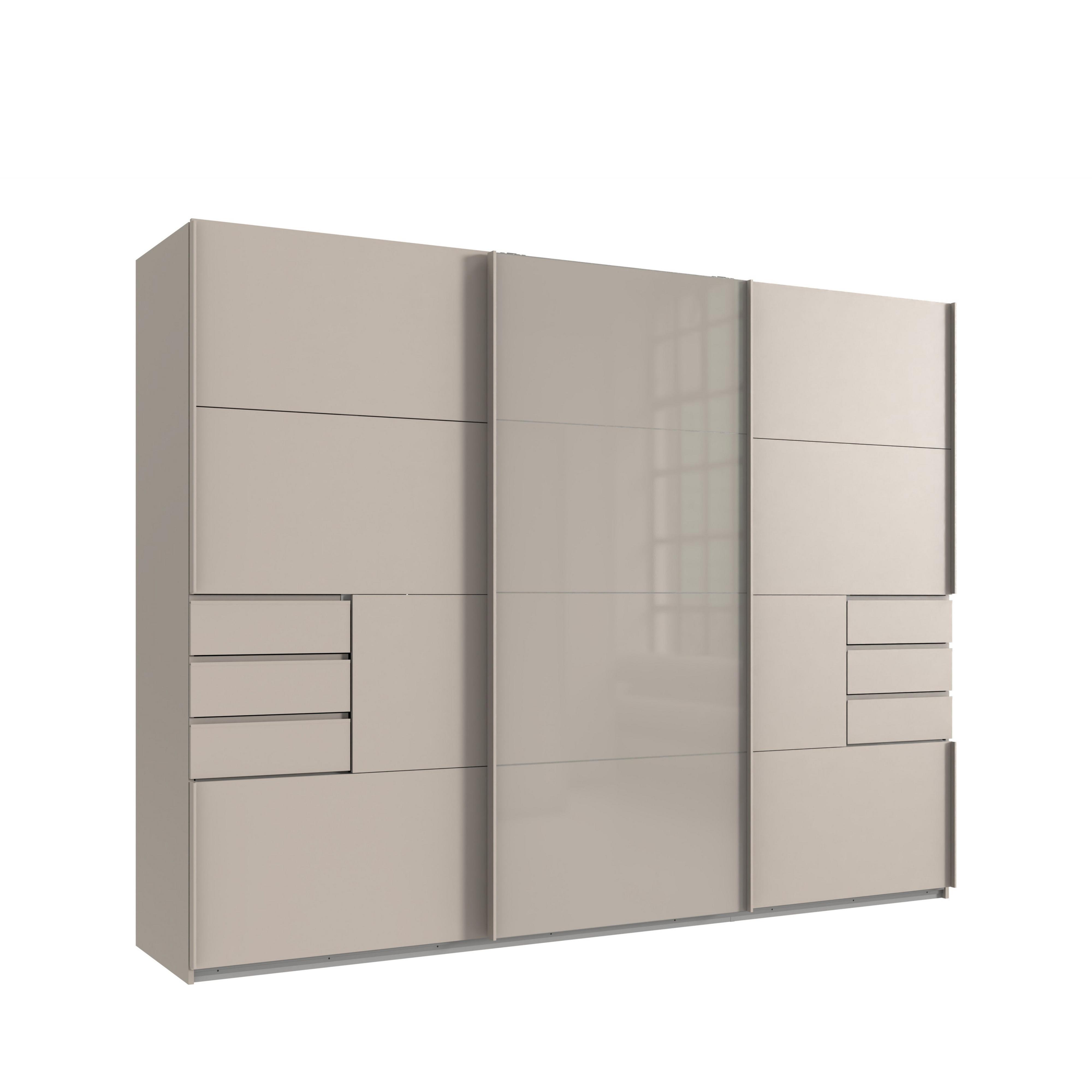 SCHWEBETÜRENSCHRANK 3-türig B270/H208/64 cm, Beige Grau, Mitteltür Glas, Kleiderschrank mit Schubladen & Vollausstattung, / 22616 - Beige, Holzwerkstoff/Metall (270/208/64cm) - luma-home
