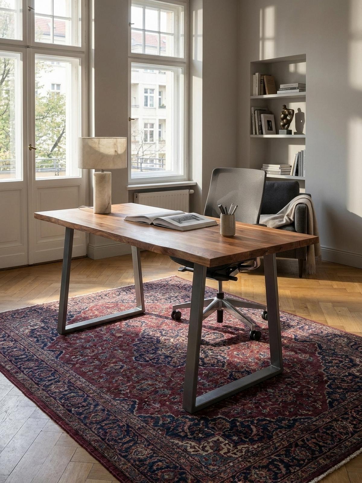 SCHREIBTISCH Massivholz Baumkante Chromgestell Handarbeit TARN, Goldbraun-Chrom 200x100x76 cm - Chromfarben/Braun, Holz/Metall (100/200/76cm) - KADIMA DESIGN