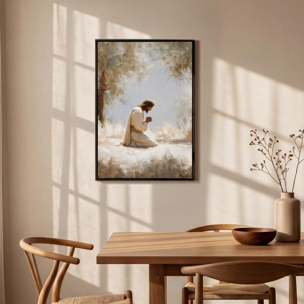 LEINWAND Bilder mit Rahmen - Jesus - Kniend - Waldlandschaft - Betend - 60x90 - Beige, Textil (60/90cm) - MuchoWow