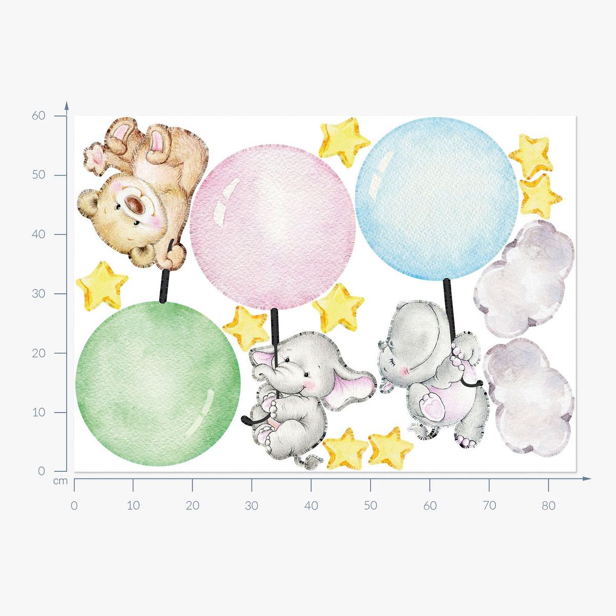 WANDAUFKLEBER 60x84cm - Tiere mit Luftballons - Multicolor, Kunststoff (60/84/0.1cm) - Wallfluent