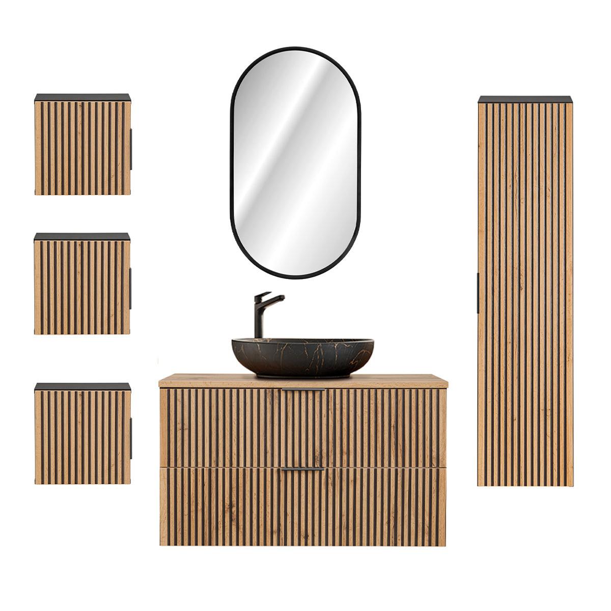 BADMÖBEL 100.6cm Gaia 2er-Set Holz in Eichenoptik und Schwarz - Braun, Holzwerkstoff (100.6/59/46cm) - Petits-meubles