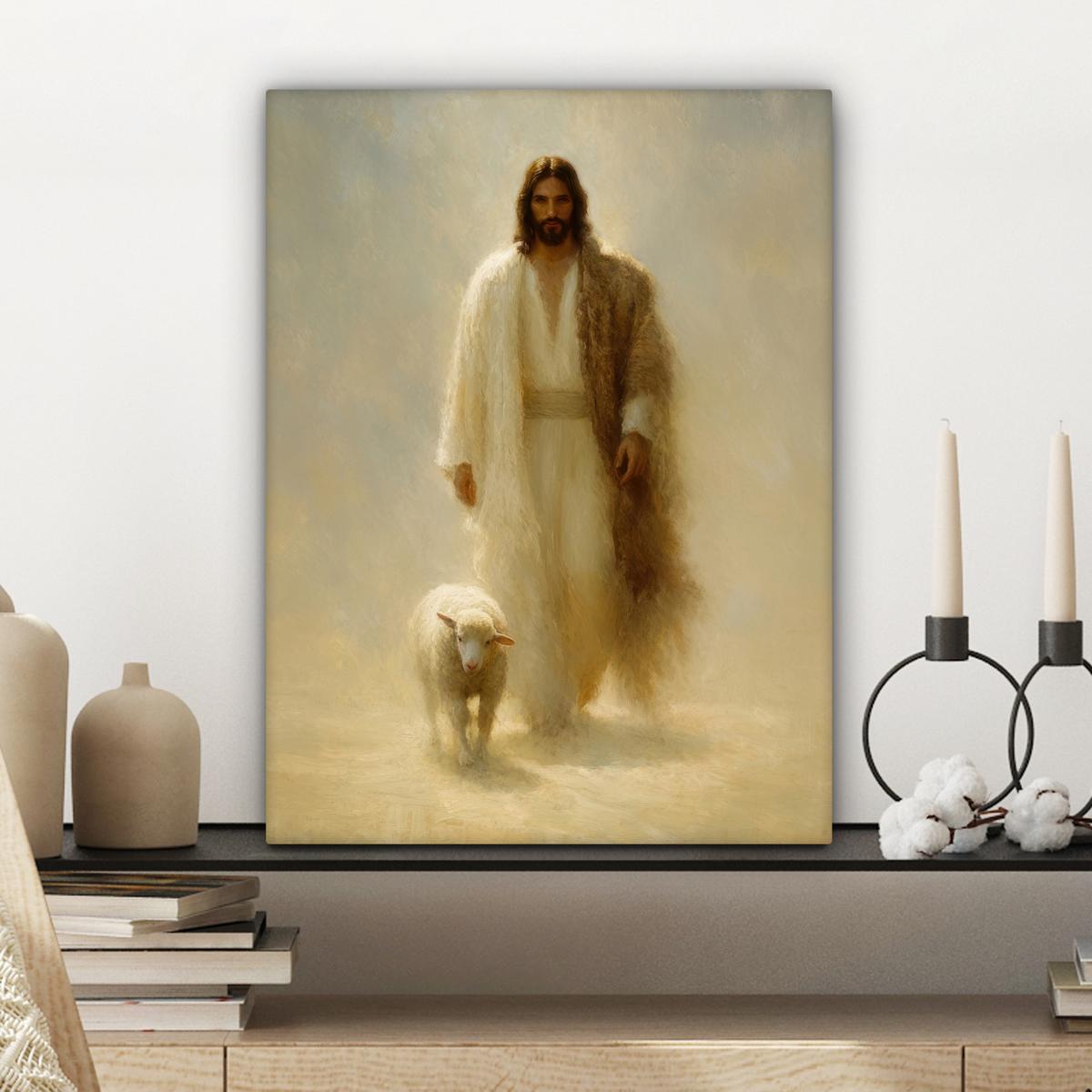 LEINWANDBILD Schaf - Jesus - Pinselstriche - Abstrakt Room Decor 30x40 cm - Sandfarben, Textil (30/40cm) - MuchoWow