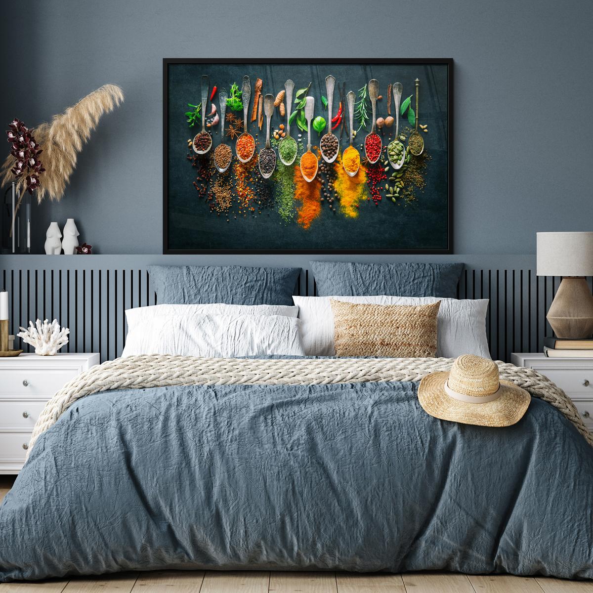 POSTER MIT RAHMENGERAHMTES BILD Kräuter - Gewürze - Löffel 120x80 cm - Currygelb, Papier (120/80cm) - MuchoWow