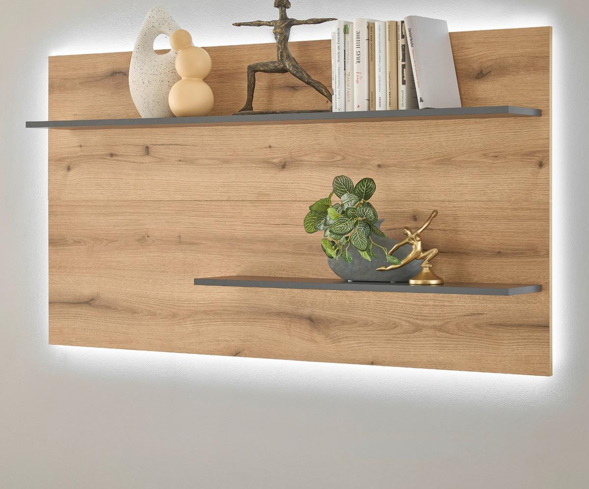 WANDPANEEL Evoke Eiche, grau 155 cm, Wandregal inklusive Beleuchtung - Eichefarben/Grau, Holzwerkstoff/Metall (155/80/20cm) - Furn.Design