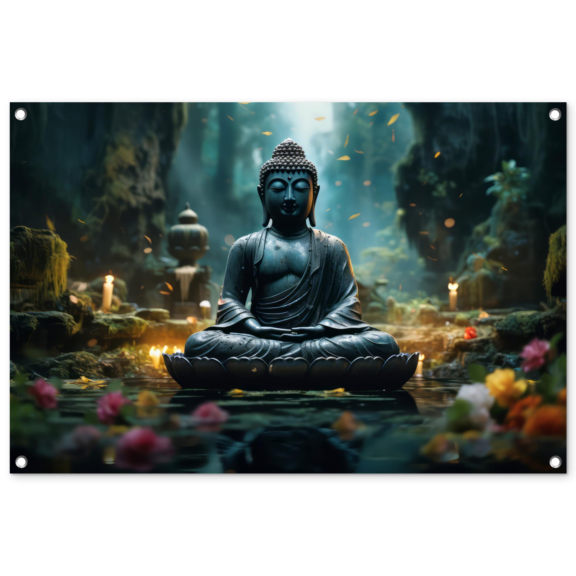 GARTENPOSTER Buddha - Statue - Buddha - Zen - Kunst - Buddha Gartendeko 90x60 cm - Dunkelgrau, Kunststoff (90/60/0.2cm) - OnlyWow