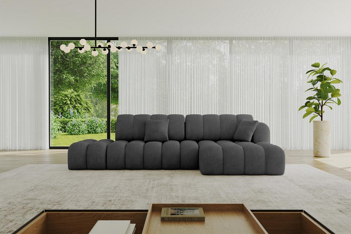 ECKSOFA mit Schlaffunktion Ottomane RECHTS OLEA-L2 321x164x75 Dunkelgrau Velours - Dunkelgrau/Schwarz, Holzwerkstoff/Kunststoff (164/321cm) - ALTDECOR