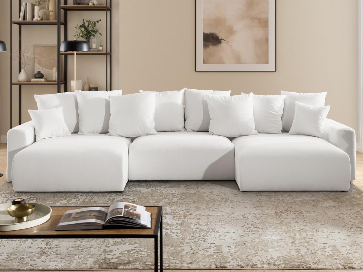 WOHNLANDSCHAFT Calma mit Schlaffunktion und Bettkasten im Bumpy-Design aus weichem Creme Webstoff - Creme/Schwarz, Holz/Textil (336/88/140cm) - S-Style