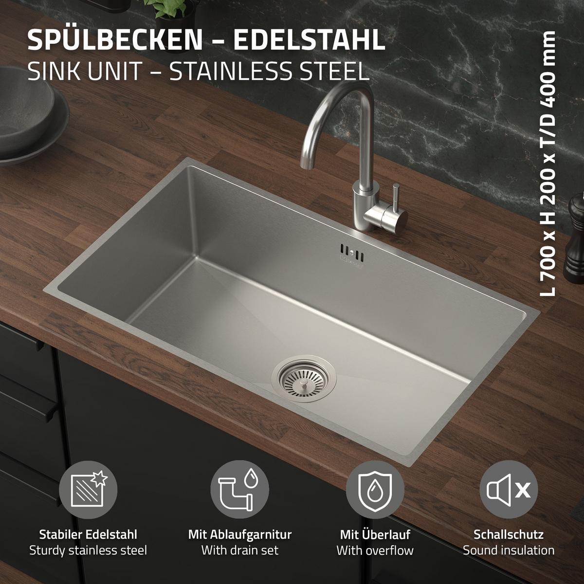 SPÜLBECKEN aus Edelstahl 70x40 cm mit Siphon - Silberfarben, Metall (70/20/40cm) - ML-DESIGN