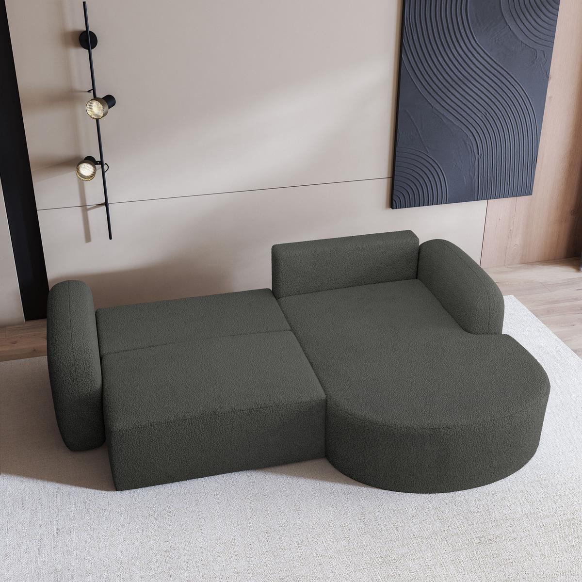 ECKSOFA AMILIA R-S Grau Boucle-Stoff mit Schlaffunktion - Grau, Holz (263/174cm) - MASSENO