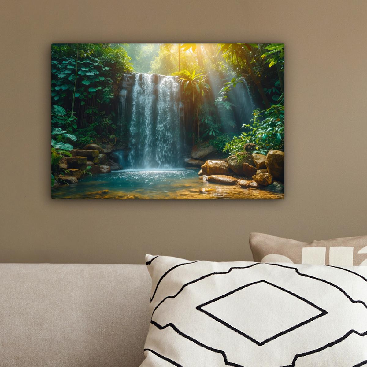 LEINWANDBILD Wasserfall - Dschungel - Sonne - Grün - Natur Deko Schlafzimmer 30x20 cm - Grün, Textil (30/20cm) - MuchoWow