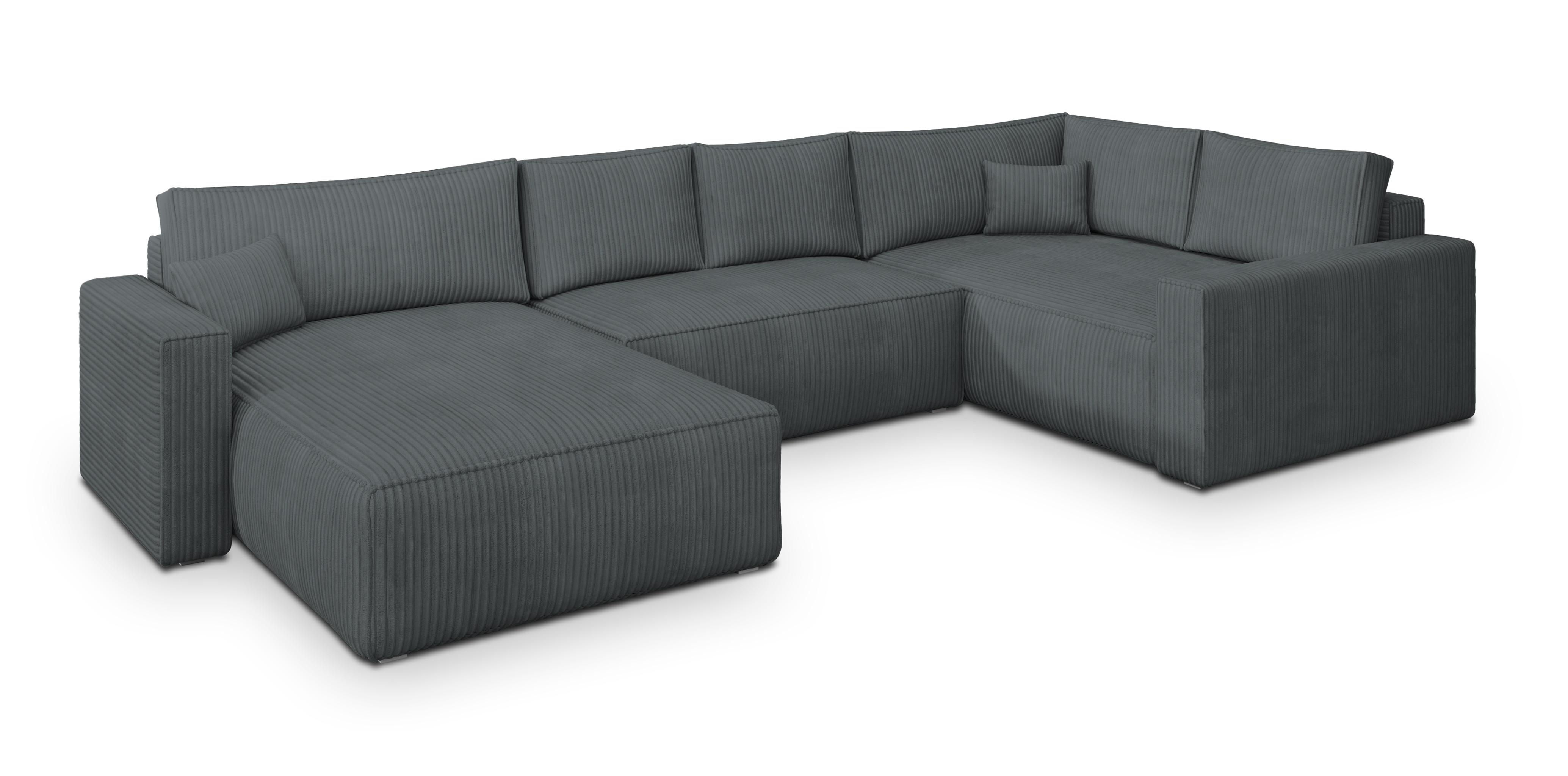 WOHNLANDSCHAFT VELAMI R-S Grau Kordstoff mit Schlaffunktion - Grau, Holz (365/83/194cm) - MASSENO