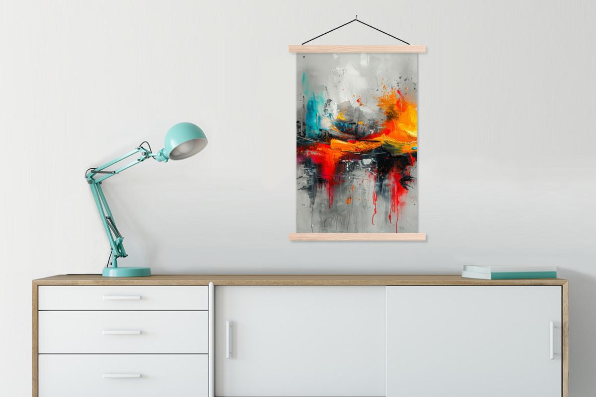 POSTER MIT MAGNETLEISTEN Moderne Kunst - Orange - Grau - Abstrakt Wandbild Schlafzimmer 60x90 cm - Hellgrau, Textil (60/90/0.15cm) - MuchoWow