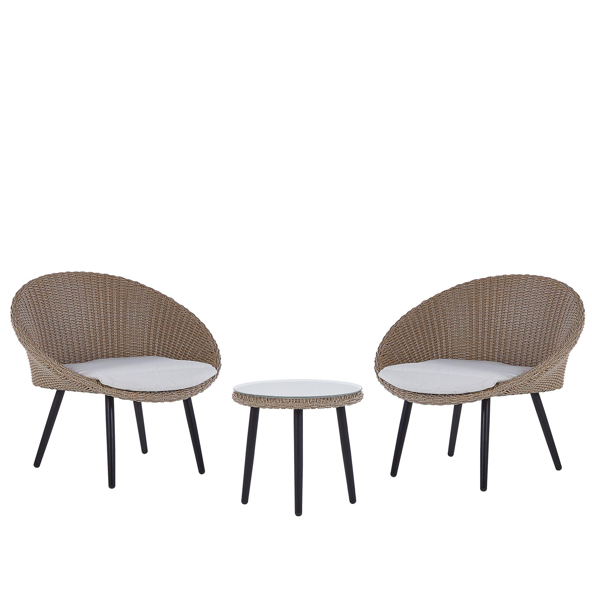 BALKONSET 2-Sitzer Rattan natürlich Auflagen hellbeige Ortigia - Beige/Schwarz, Kunststoff - Beliani