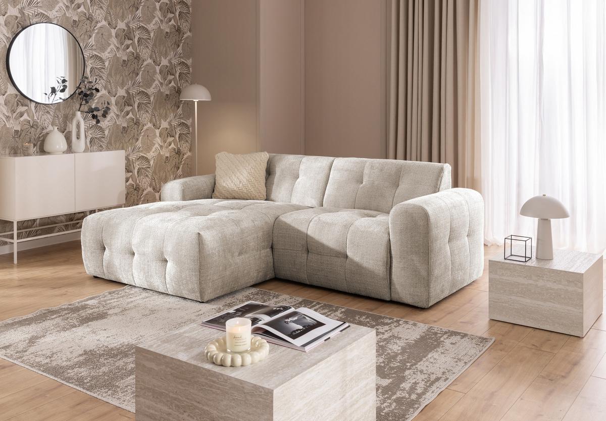 ECKSOFA mit Ottomane links, raffinierten Steppungen, Wellenunterfederung, B234/T161/H79 cm, Chenille-Bezug in Sandgrau / 21038 - Sandfarben/Greige, Kunststoff/Textil (234/79/161cm) - luma-home