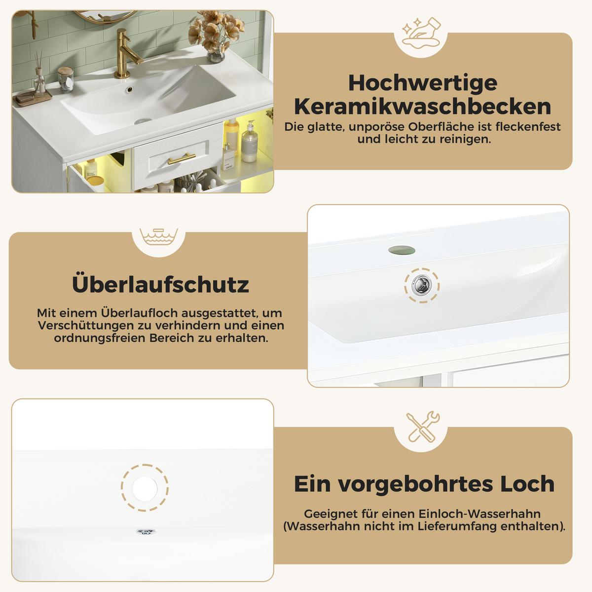 WASCHTISCH mit Unterschrank 76cm Weiß Holzoptik mit LED & Glastür - Weiß, Holzwerkstoff (76/55/46cm) - Urban Meuble
