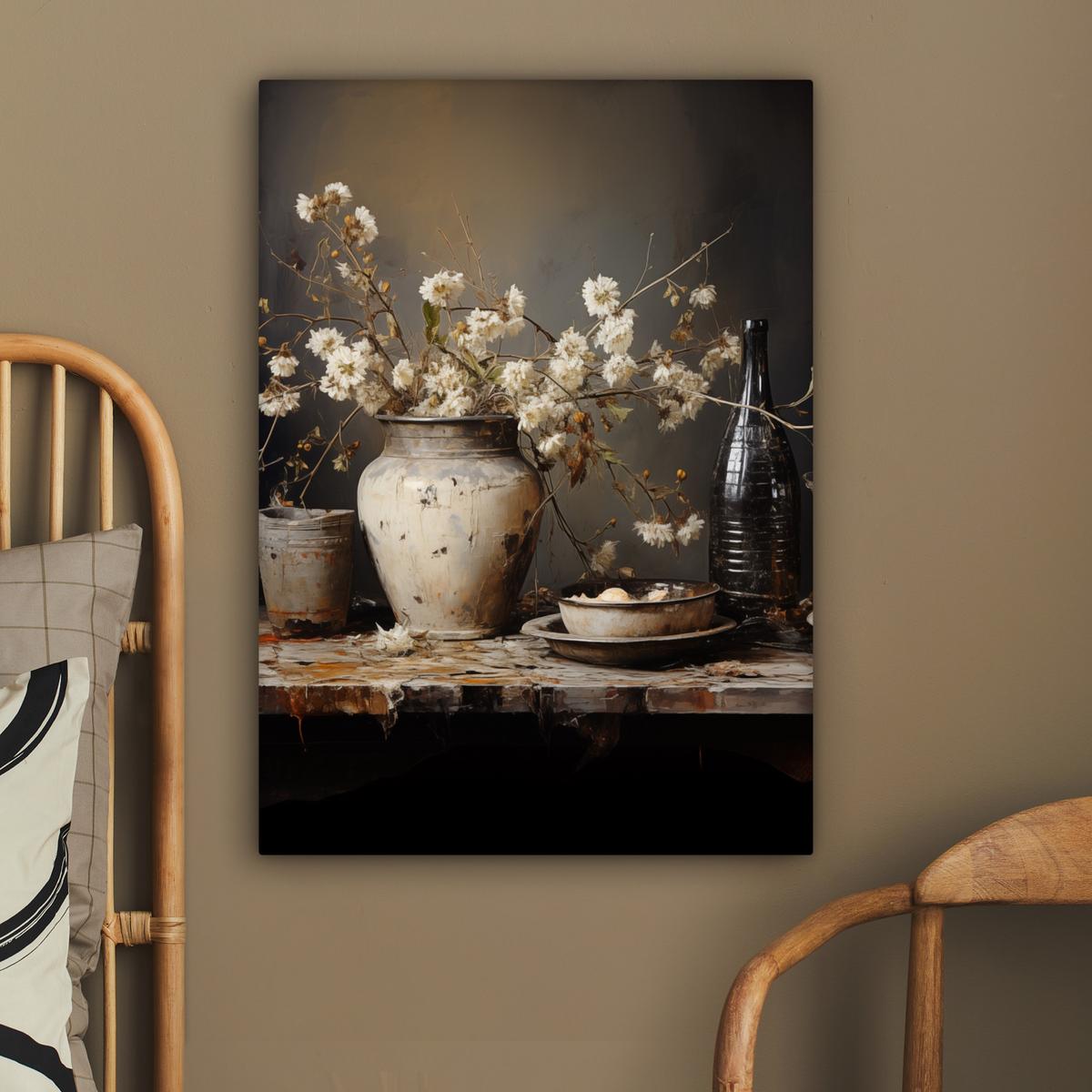 LEINWANDBILD Stilleben - Blumen - Blumenstrauß - Vase - Wein Wandbild Wohnzimmer 60x80 cm - Schwarz, Textil (60/80cm) - MuchoWow
