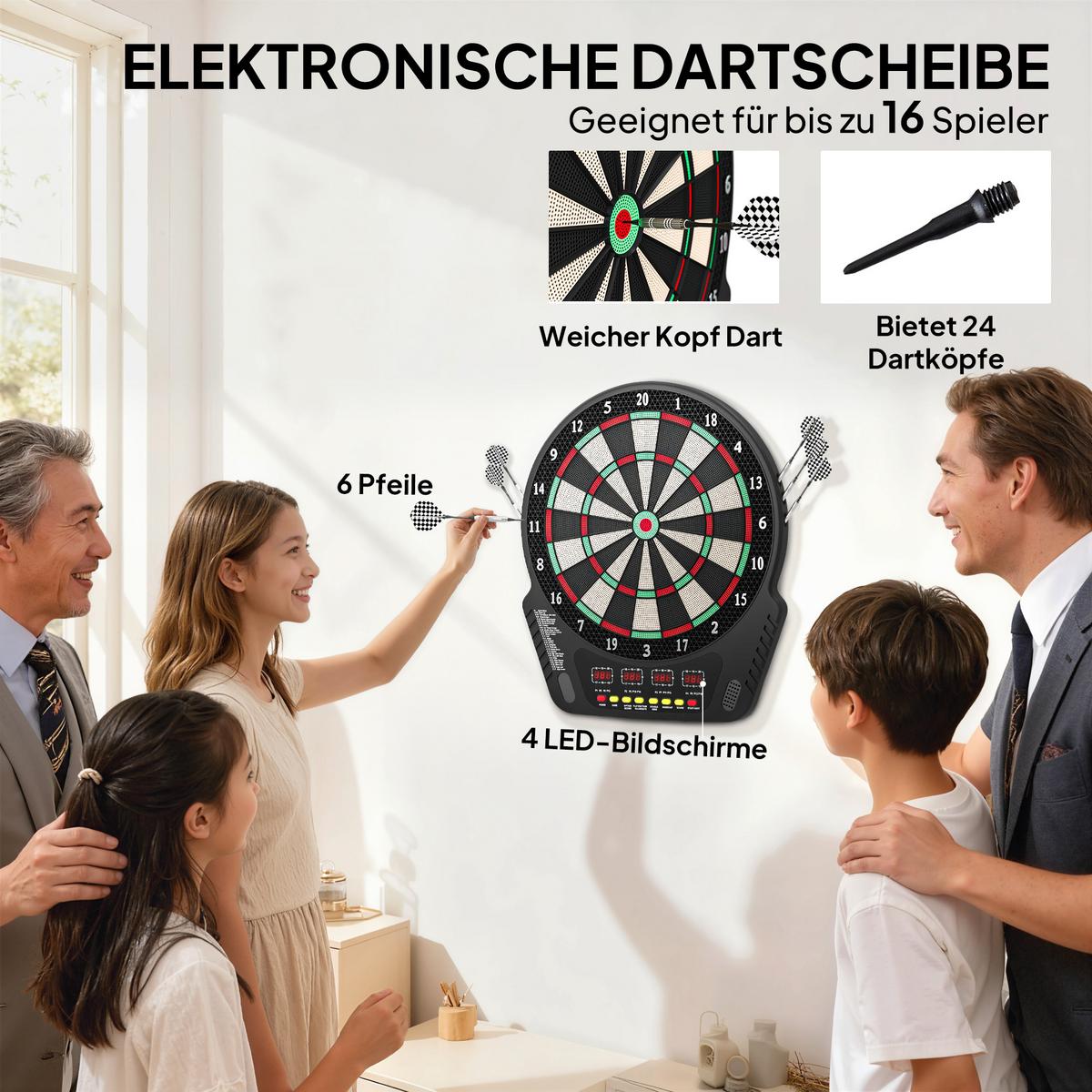 ELEKTRONISCHE Dartscheibe Dartboard Soundeffekte LED Anzeige 27 Spiele - Schwarz, Kunststoff (51.5/44cm) - HOMCOM