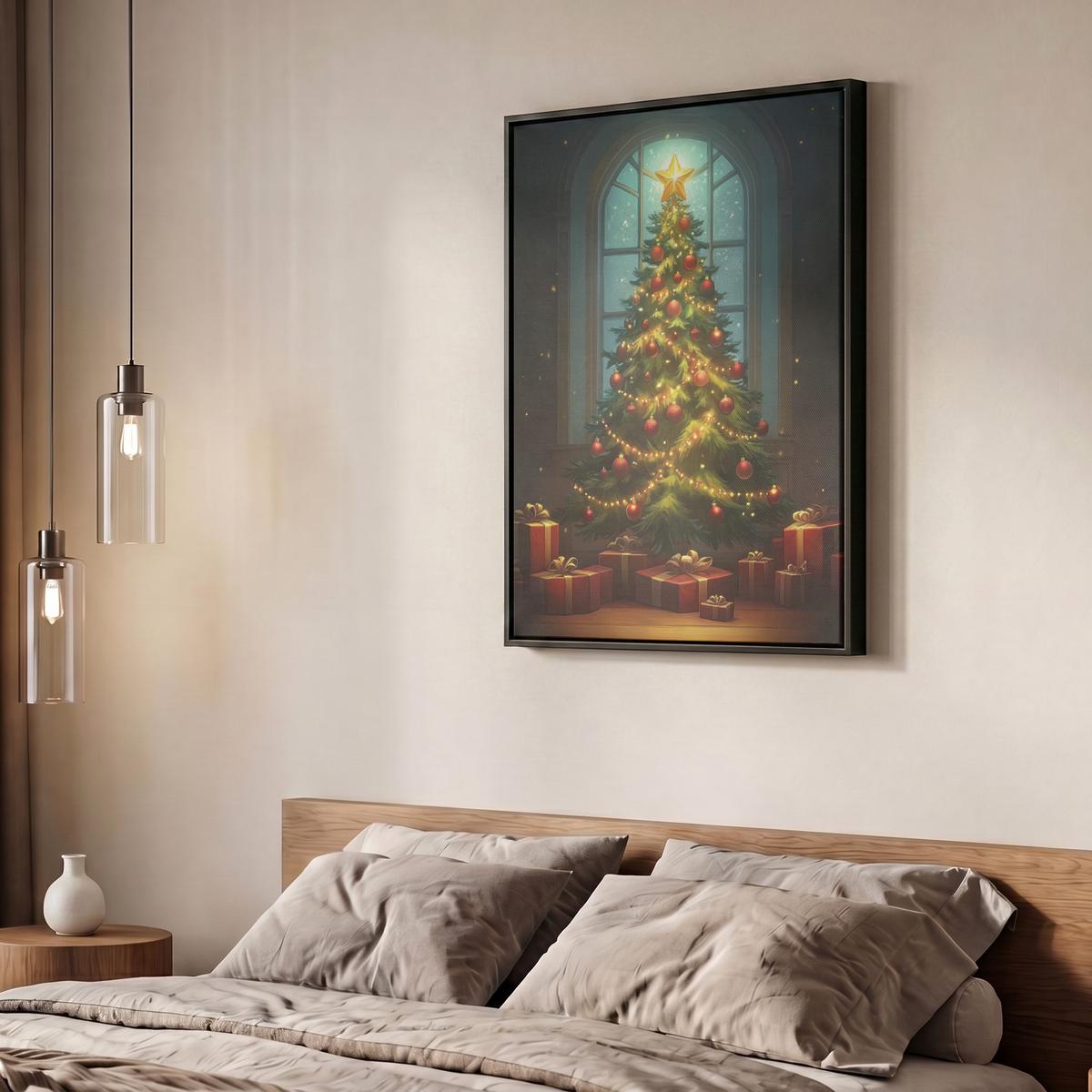 LEINWAND Bilder mit Rahmen - Weihnachtsbaum - Geschenk - Winter - 50x70 - Grün, Textil (50/70cm) - MuchoWow