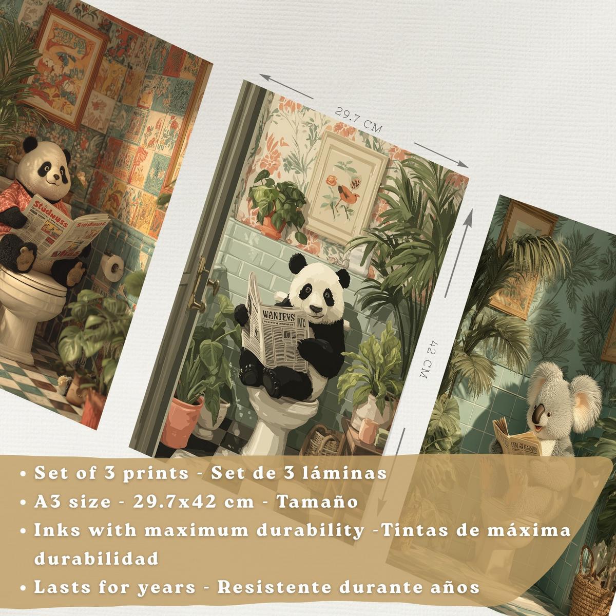POSTER 3er-Set lustige Badezimmer-Drucke, Panda- und Koala-Tiermotive für Toilette, witziges für Toilette, Vintage-Botanik-Stil Weißer Rahmen A3 - Weiß, Papier (42/29.7/3cm) - Nacnic