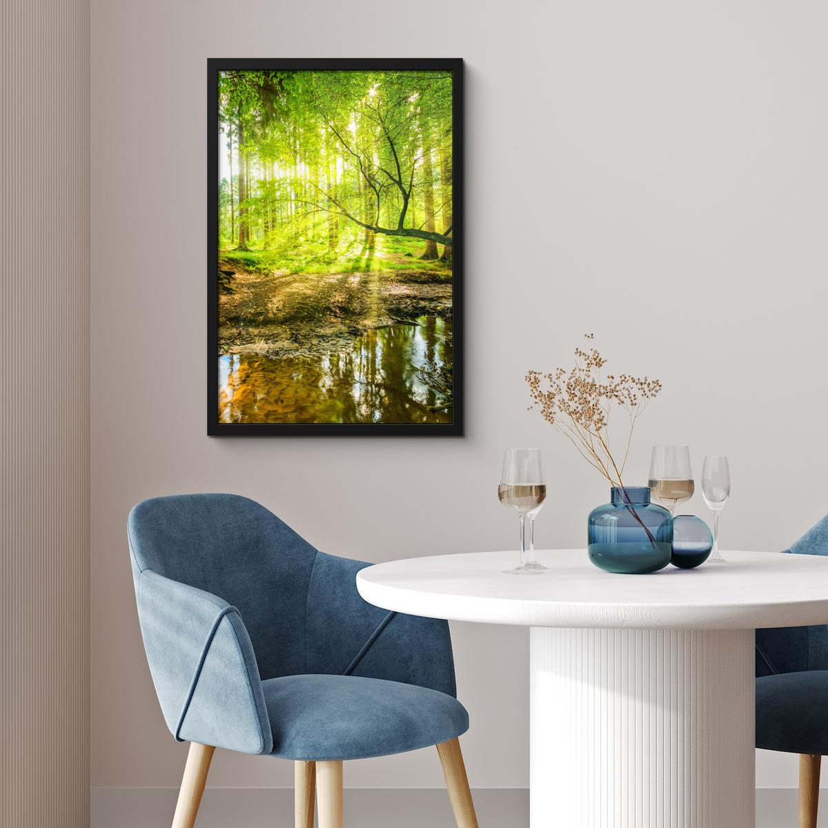POSTER MIT RAHMENGERAHMTES BILD Wald - Landschaft - Wasser - Bäume - Sonne - Grün - Natur Bilder mit Rahmen 40x60 cm - Grün, Papier (40/60cm) - MuchoWow