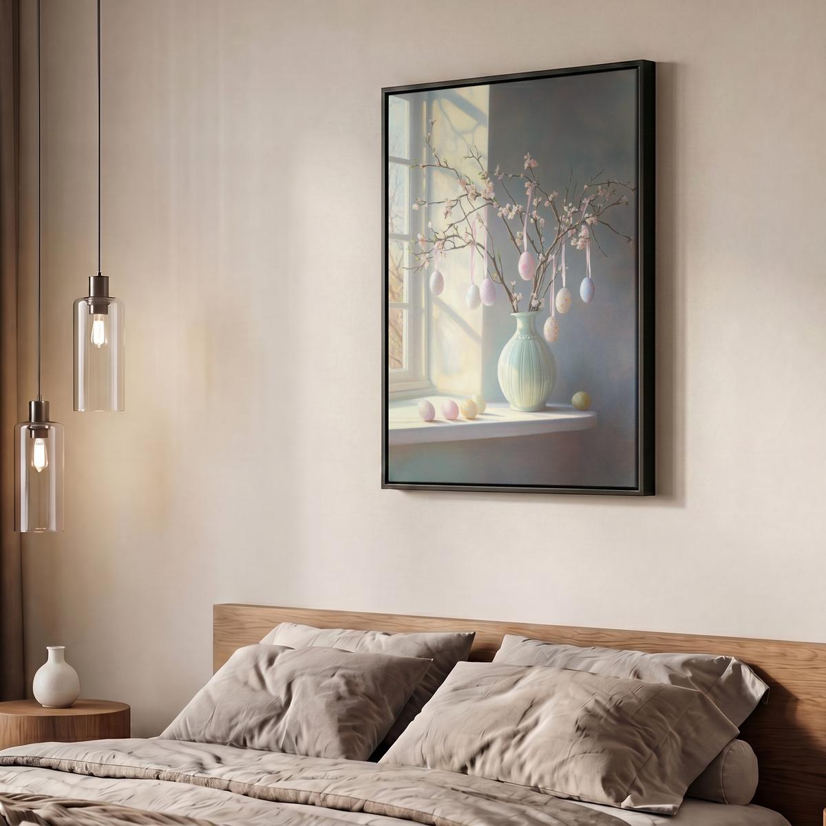 LEINWAND Bilder mit Rahmen - Stillleben - Vase - Osterzweig - 60x80 - Hellblau, Textil (60/80cm) - MuchoWow