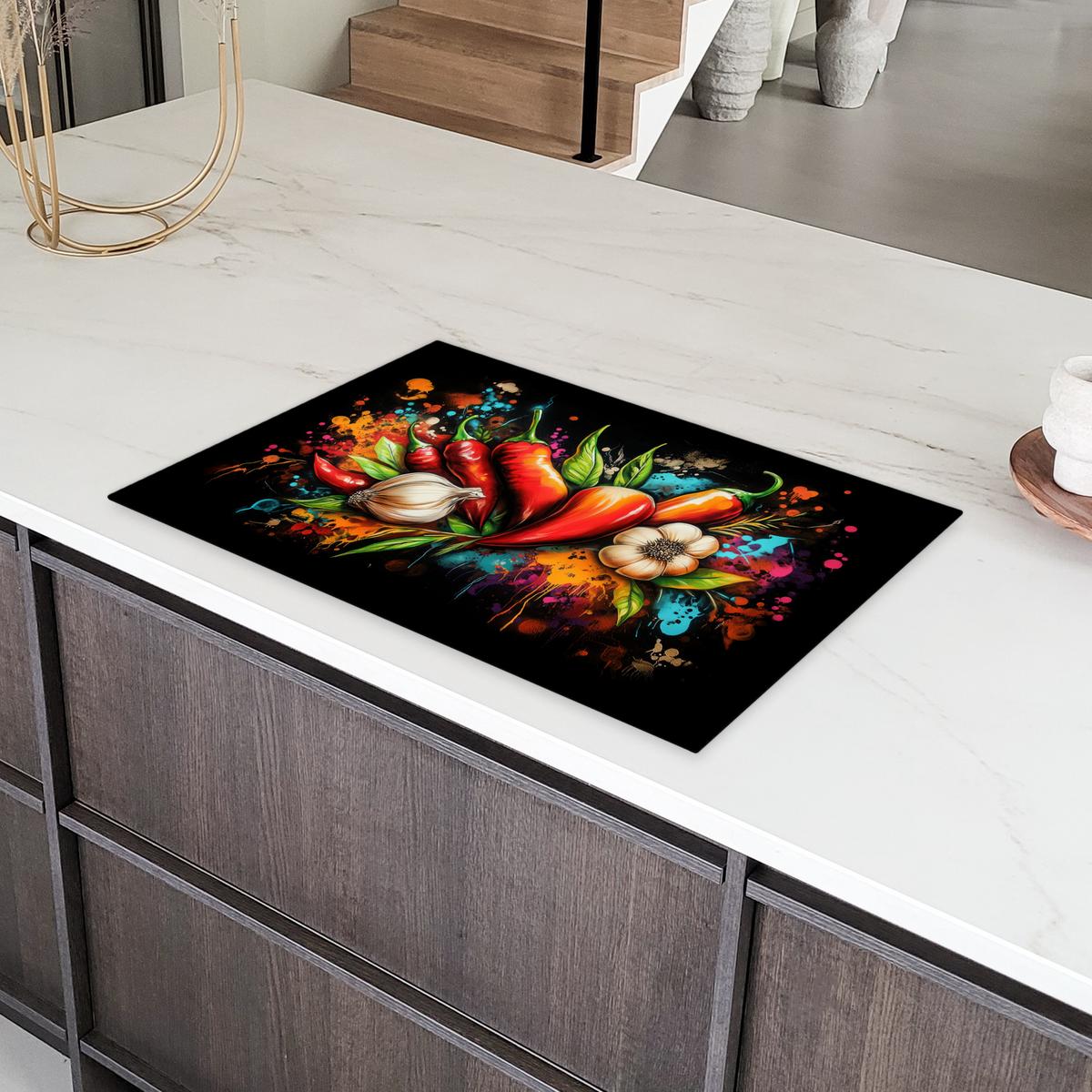 HERDABDECKPLATTE Gemüse - Paprika - Knoblauch - Graffiti - Farbe - Bunt Induktionsschutz 81.6x52.7 cm - Rot, Kunststoff (81.6/52.7/0.2cm) - MuchoWow