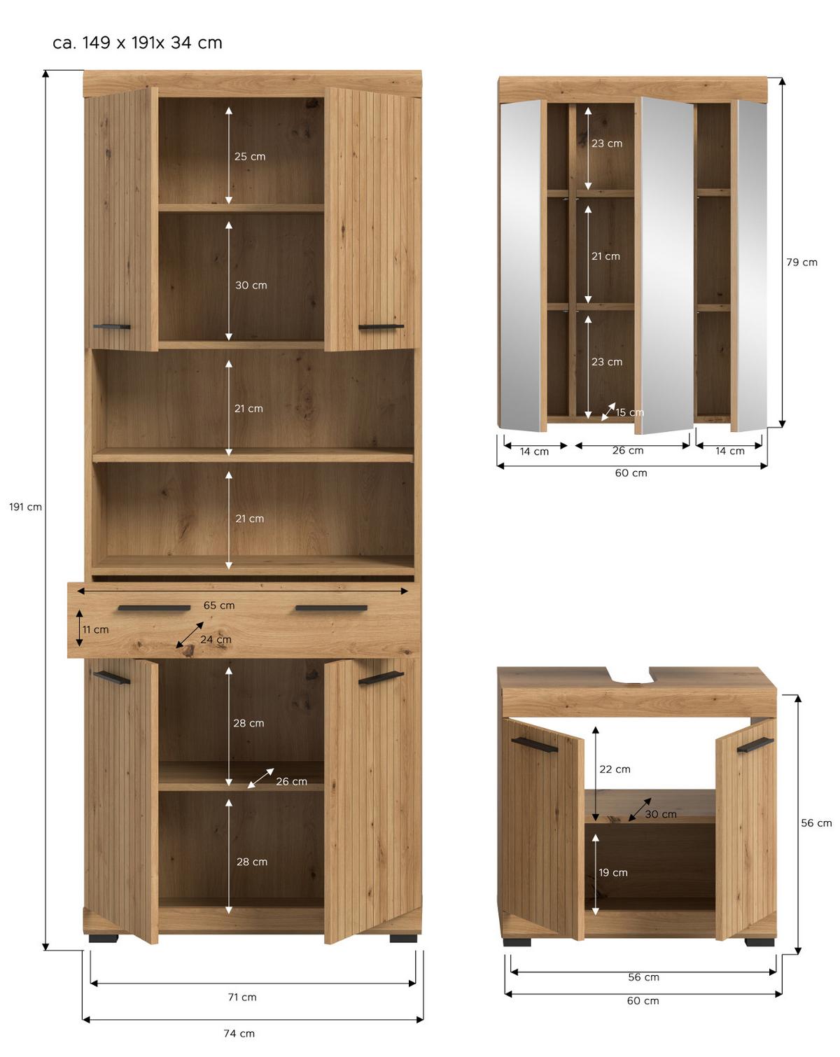 BADMÖBEL-SET Eiche Artisan 149 x 191 cm 3-teilig, Badkombination modernes Design - Schwarz/Eiche Artisan, Glas/Holzwerkstoff (149/191/34cm) - Inn.Furn