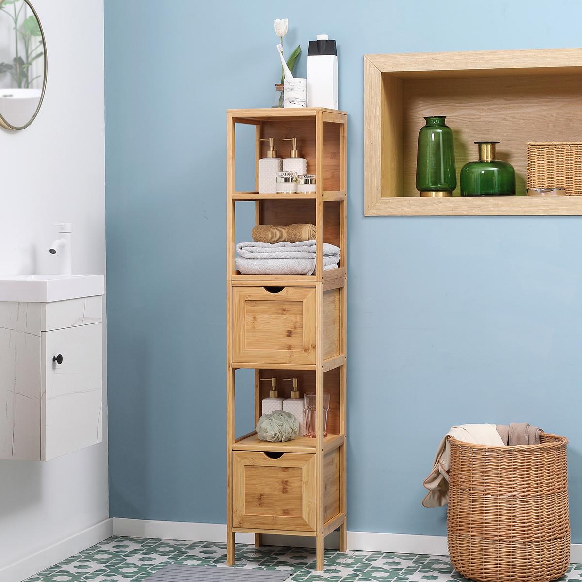 BADEZIMMERSCHRANK, Badschrank aus Bambus, Aufbewahrungsschrank, 30 x 30 x 140 cm - Naturfarben, Holz (30/140/30cm) - Kleankin