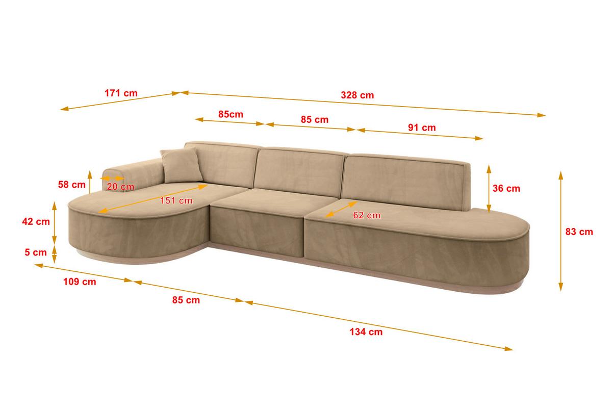 ECKSOFA Ottomane Links MARI-L2-v1 - 328x171x83 cm Taupe Velours - Taupe, Holzwerkstoff/Textil (328/171cm) - ALTDECOR