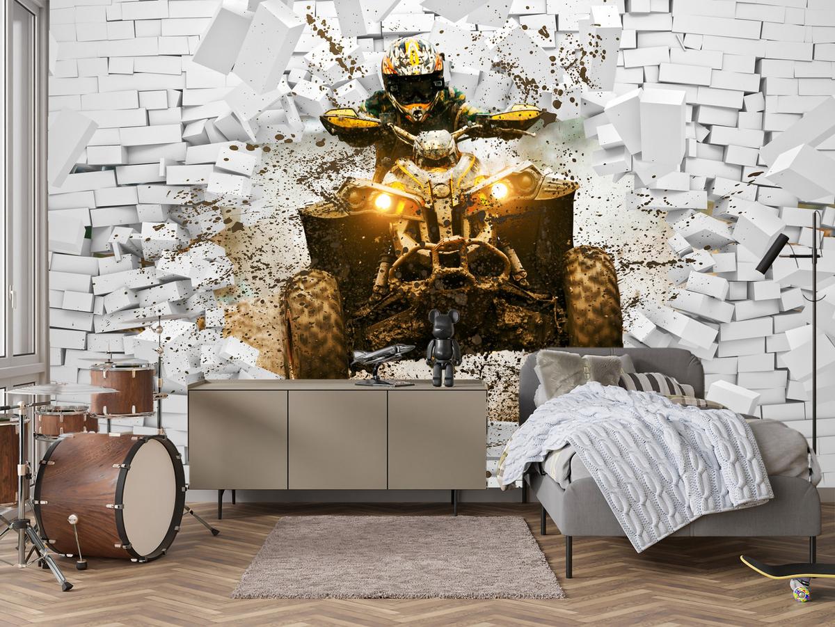 FOTOTAPETE für Büro Schlammbedecktes Quad Durchbricht Backsteinmauer 350x256 - Gelb/Beige, Papier (350/256cm) - Muralo