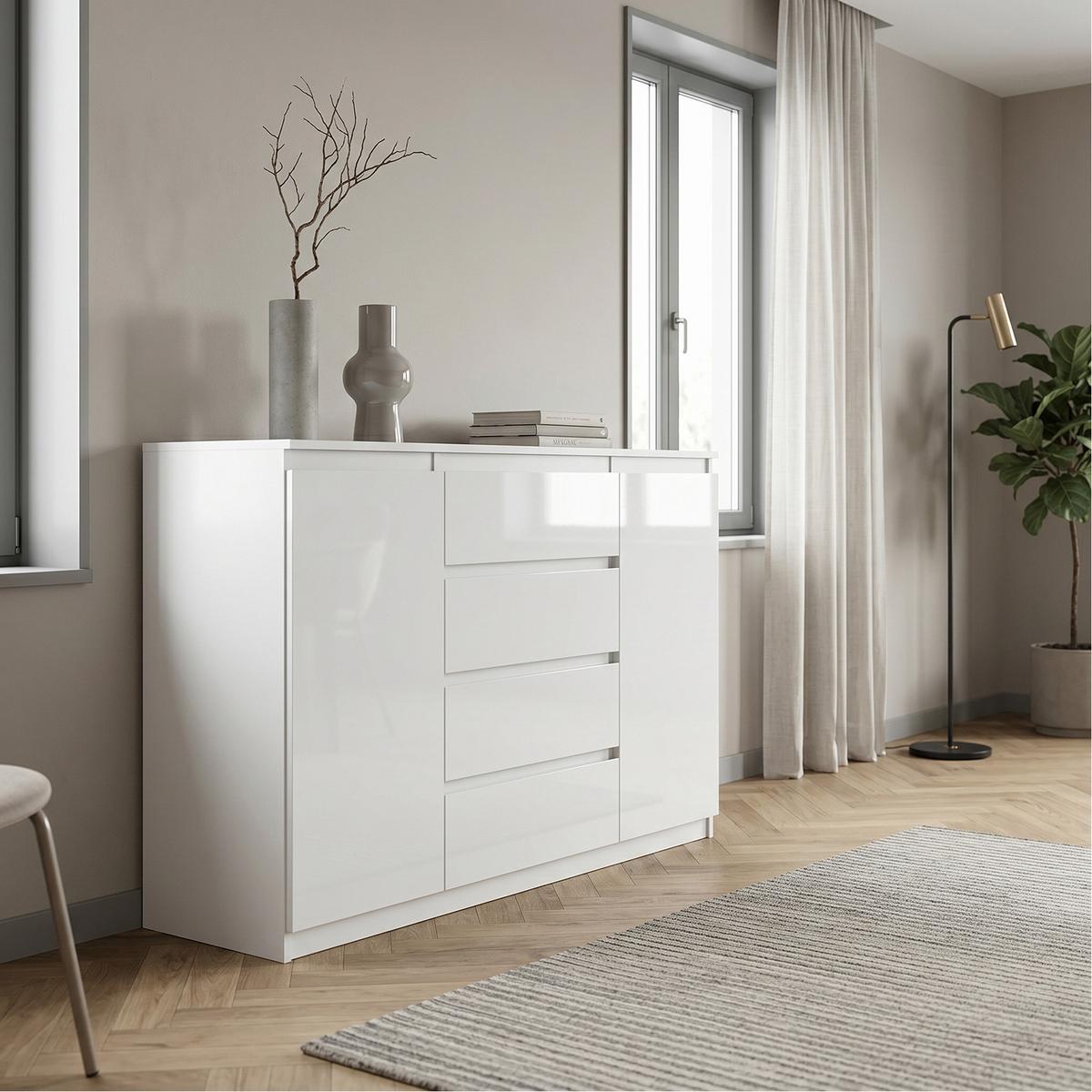 KOMMODE NUDO 120/101,5/39cm mit 4 Schubladen 2 Türen Weiß - Weiß Hochglanz/Weiß, Holzwerkstoff (120/101.5/39cm) - MASSENO