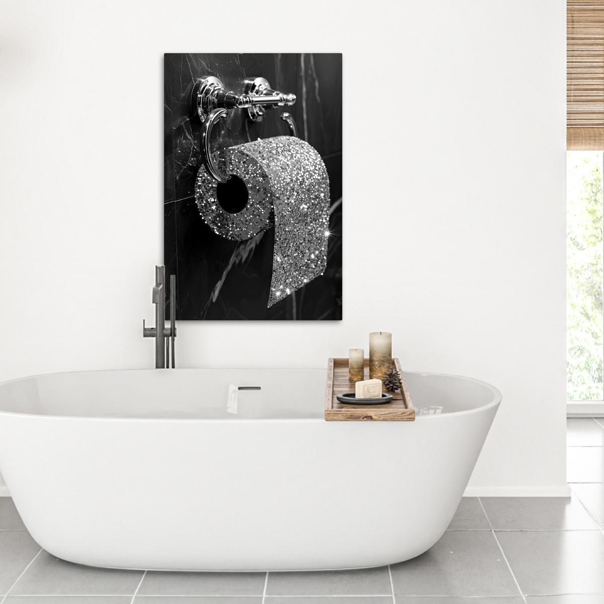 LEINWANDBILD WC - Toilettenpapier - Schwarz und weiß - Glitter Wanddeko Schlafzimmer 60x90 cm - Silberfarben, Textil (60/90cm) - MuchoWow