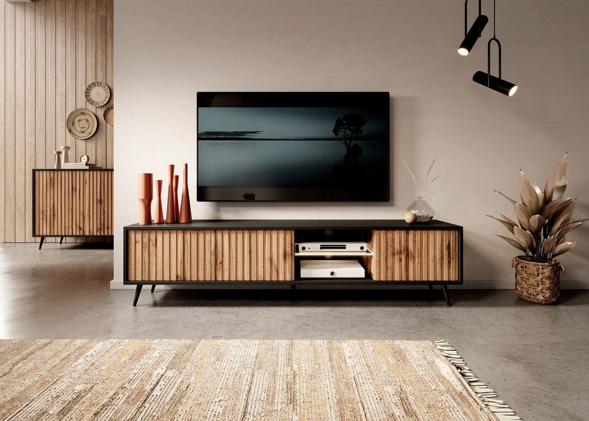 TV-LOWBOARD Bello Schwarz / Eiche 175 cm - Eichefarben/Schwarz, Holzwerkstoff/Metall (175/43.5/31.3cm) - Selsey