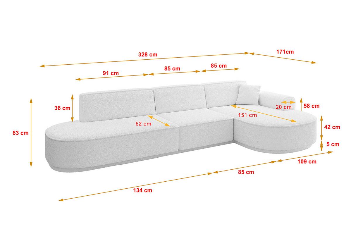 ECKSOFA Ottomane Rechts MARI-L2-v3 - 328x171x83 cm Weiß Bouclé - Schwarz/Weiß, Holzwerkstoff/Kunststoff (171/328cm) - ALTDECOR