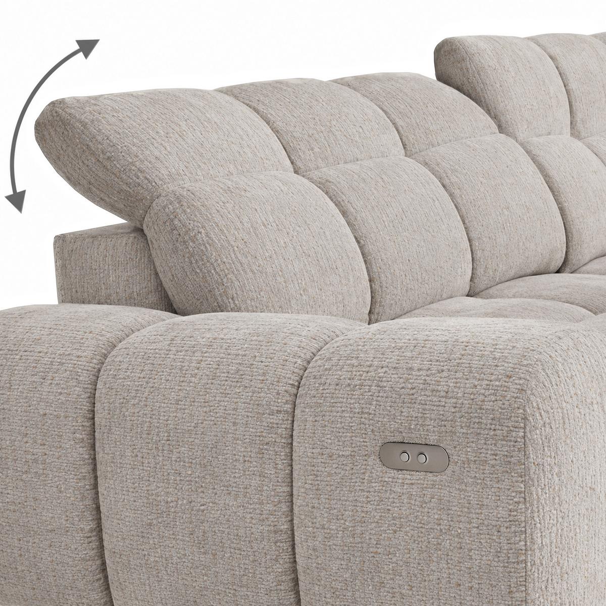 ECKSOFA Marco Mini mit elektrisch ausfahrbarem Sitz und verstellbaren Kopfstützen, Rechts, Chenille-Stoff, Beige - Beige/Schwarz, Textil (275/182cm) - Beautysofa
