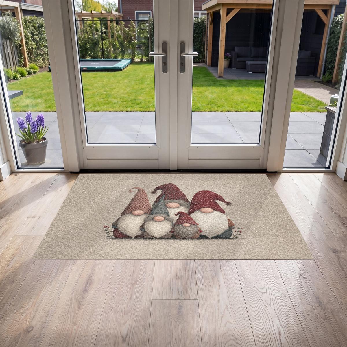 FUSSMATTE Wichtel - Weihnachten - Schnee - Zipfelmützen Türmatte 150x90 cm - Beige, Kunststoff (150/0.4cm) - MuchoWow