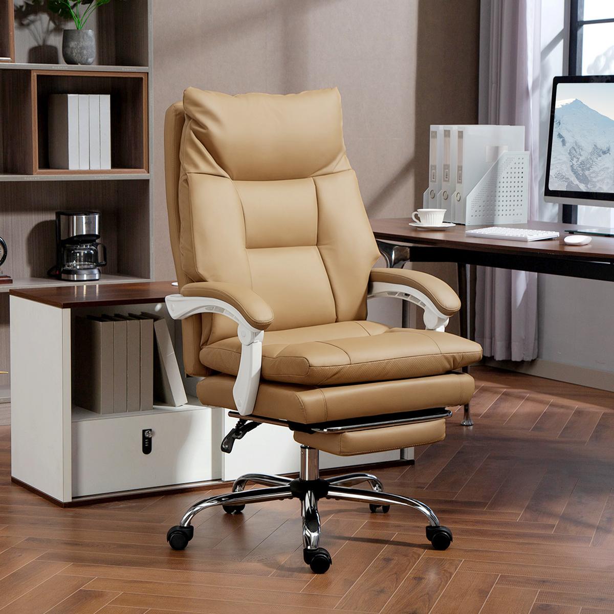 BÜROSTUHL Ergonomischer Schreibtischstuhl mit Lendenwirbelstütze, Fußstütze - Hellbraun/Silberfarben, Kunststoff/Metall (65/121/76cm) - HOMCOM
