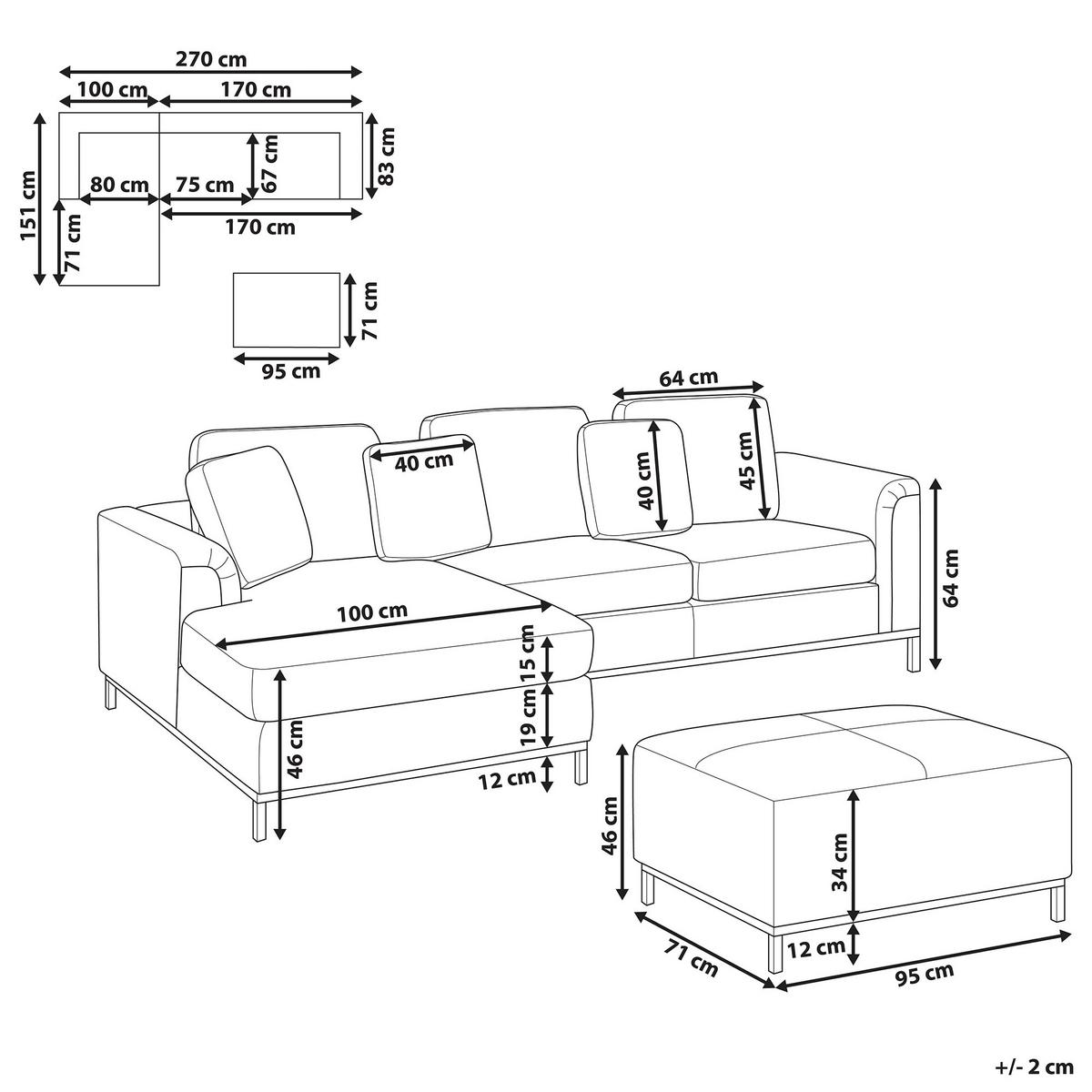 ECKSOFA linksseitig mit Ottomane Leder Schwarz Oslo - Schwarz, Leder/Fell (270/151cm) - Beliani