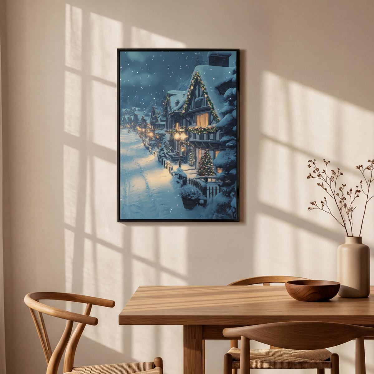 LEINWAND Bilder mit Rahmen - Weihnachtsdorf - Weihnachten - Schnee - Winter - 60x90 - Dunkelblau, Textil (60/90cm) - MuchoWow