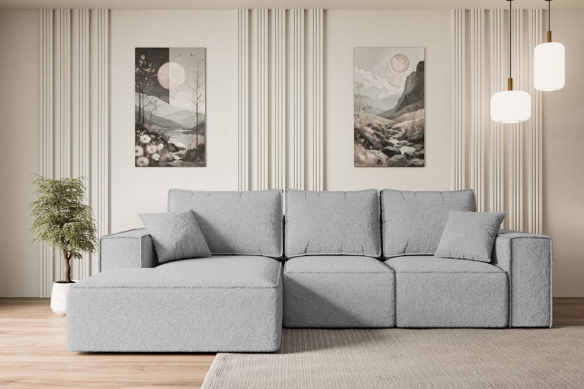 ECKSOFA mit Schlaffunktion und Bettkasten SERRA-L-S - 266x161x87 cm Hellgrau Bouclé - Hellgrau/Schwarz, Holzwerkstoff/Kunststoff (266/161cm) - ALTDECOR