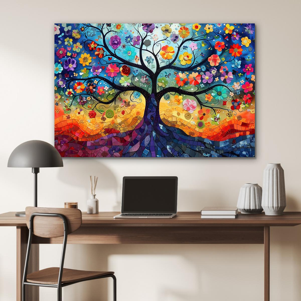 METALLBILD Kunst - Baum des Lebens - Blumen - Hippie Deko Groß 120x80 cm - Dunkelblau, Metall (120/80cm) - MuchoWow